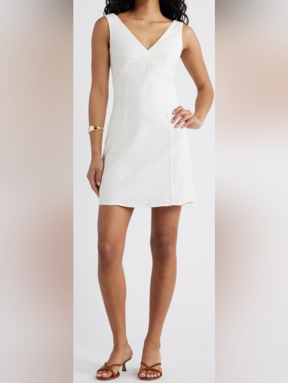 Open Edit White Linen Blend V Neck Tie Back Mini Dress Size S NWOT